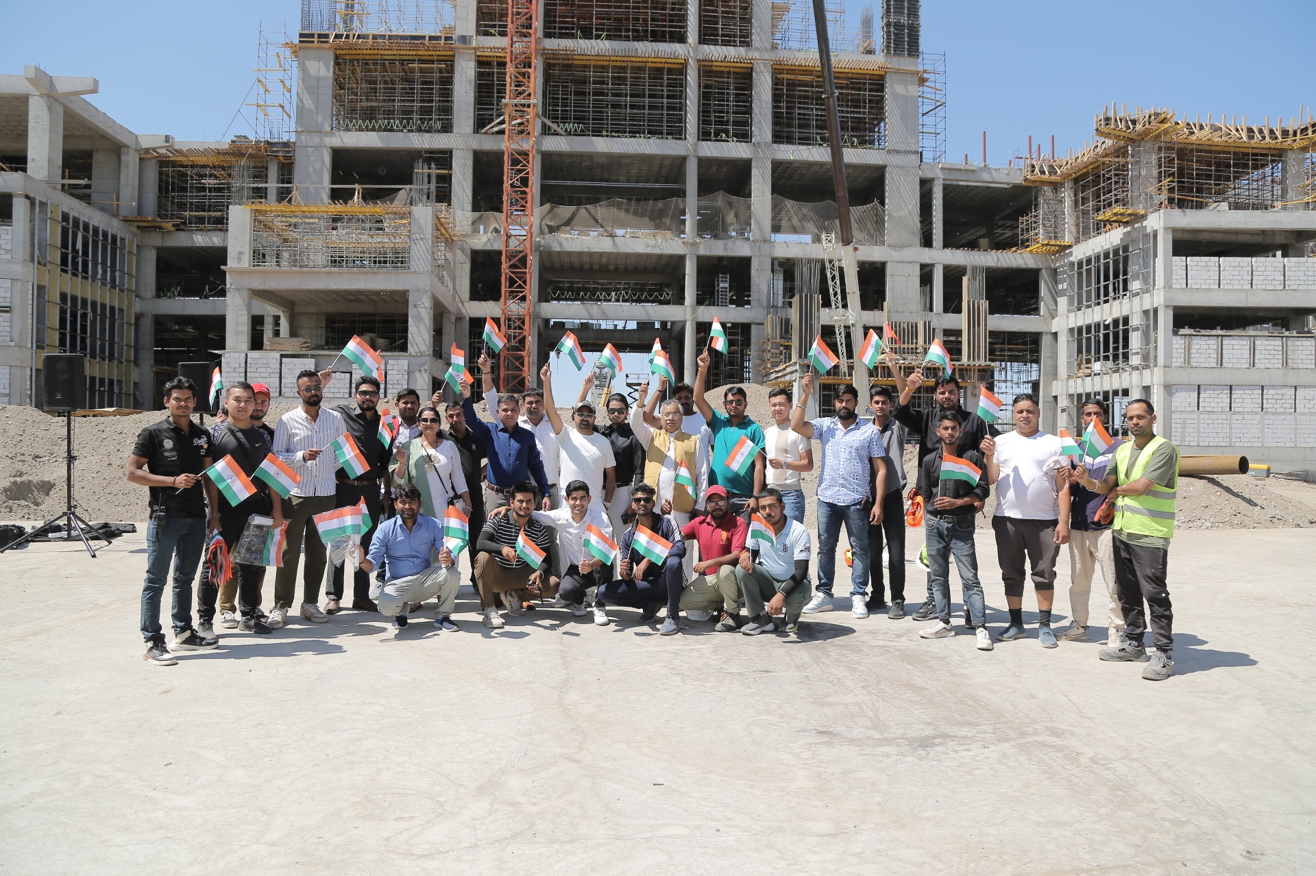 Independence Day on site — Indian crews at a high-rise build